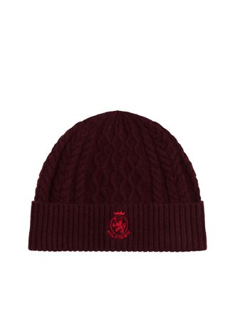 Tommy Hilfiger Beanie TOMMY HILFIGER TH CREST KNIT, Damen, deep burgundy, blau, Strick, Wollmischung, M&uuml;tzen Beanie, Zopfstrickmuster, mit TH-Wappen