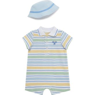 Little Me Stripe Cotton Polo Romper & Hat Set in Blue Multi Stripe at Nordstrom, Size 12M