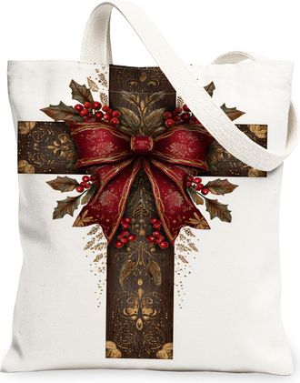 Generic Christmas Floral Canvas Tote Bags, Vintage Bow Pattern Reusable Grocery Bags, Rustic Winter Lightweight Washable Shoulder S, White, 13x15 Inch