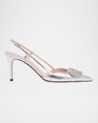 Valentino Garavani 80mm VLogo Signature Strass Metallic Leather Slingback Pumps