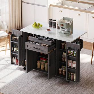 Matteo Grey Rolling Kitchen Island with Foldable Tabletop & Storage