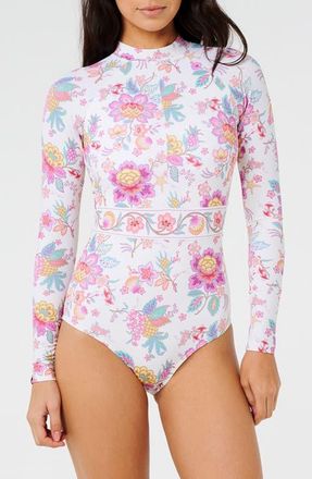 Rip Curl Half Moon Bay Long Sleeve One-Piece Rashguard Swimsuit in Bone at Nordstrom, Size X-Large