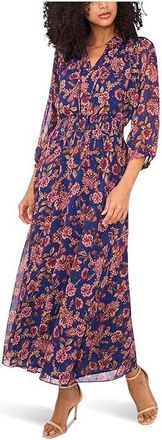 Vince Camuto 3/4 Puff Sleeve Tie Neck Maxi Dress Womens Dress Classic Navy : SM, Polyester