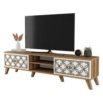 Dmora Dmora - Mueble De Televisi&oacute;n Skat, Aparador De Sal&oacute;n, Mueble Bajo Para Tv, Base De Pared Equipada, 180x35h44 Cm, Nogal Y Blanco, Con Embalaje Reforzad