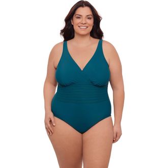 Aqua Green Plus Size V-Neck Surplice Trim Overlay Full Coverage One-Piece Swimsuit in Lagoon at Nordstrom, Size 1X