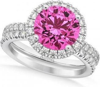 Allurez Pink Tourmaline & Diamond Round-Cut Halo Bridal Set 18K White Gold (2.77ct)