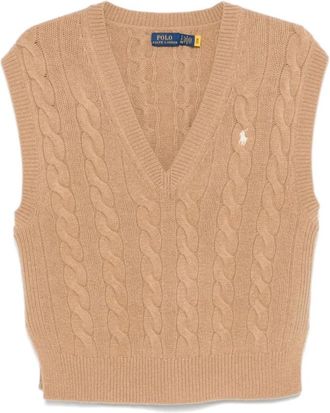 Polo Ralph Lauren V-hals kabelgebreide trui - Dames - V-hals truien - Beige - XS - Wol - Truien & Vesten