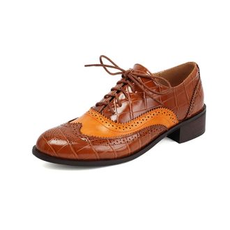 Generic Womens Lace Up Oxfords Shoes Low Block Heel Vintage Brogues Round Toe Office Dress Shoes,Brown,10.5 UK