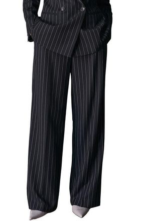 Karen Millen Pinstripe Wide Leg Tailored Trouser in Black at Nordstrom, Size 10