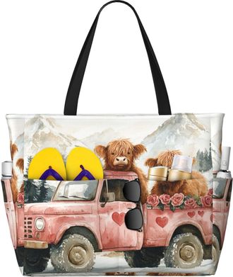 Generic Valentines Highland Cow Print Large Beach Bag Foldable Travel Shoulder Tote Bag With Pocket For Weekender Pool Vacation