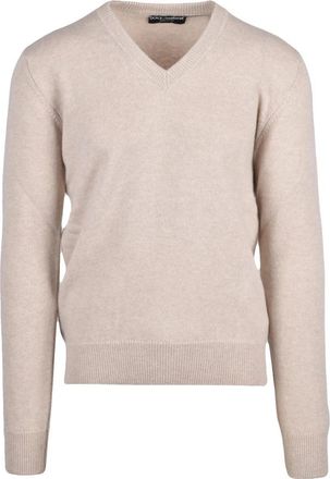 Dolce & Gabbana Pullover met V-hals - Heren - V-hals truien - Beige - L - Wol - Truien & Vesten