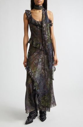 Siedres Monica Tiered Ruffle Chiffon Maxi Dress with Detachable Scarf Tie in Black Multi at Nordstrom, Size 10 Us