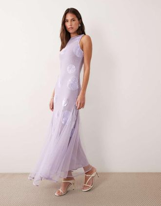 Asos Vestito lungo lilla a pois con paillettes-Rosa