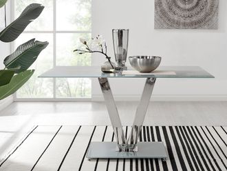 Furniturebox Florini 140cm 6-Seater Glass & Metal V-Legged Dining Table in Grey