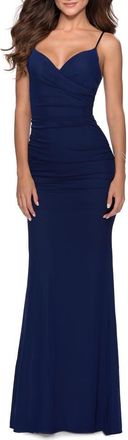 La Femme Fitted Jersey Long Dress with Lace Up Back in Navy at Nordstrom, Size 12
