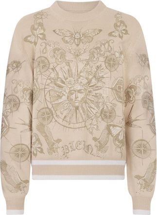Philipp Plein Round Neck Pullover Tattoo - Heren - Ronde hals truien - Beige - M - Katoen - Truien & Vesten