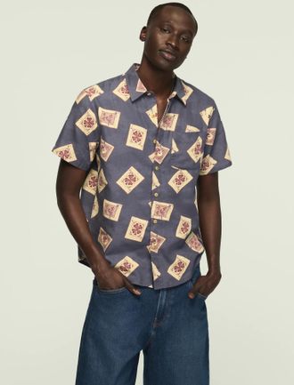 Lucky Brand Mens Short Sleeve Printed Camp Collar Shirt