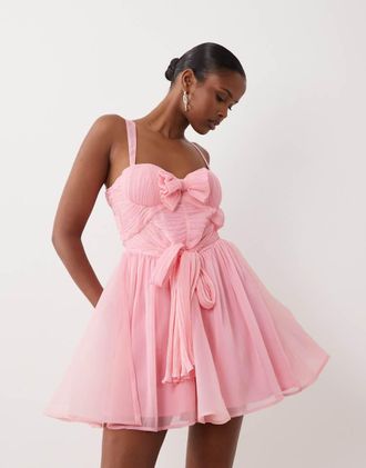 Asos Vestito corto in chiffon rosa bubblegum con fiocco