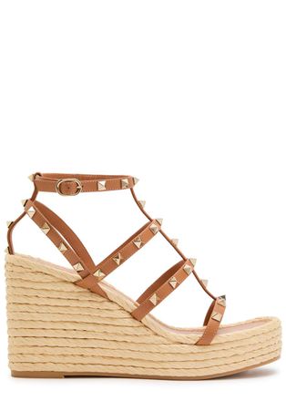 Valentino Garavani Rockstud 100 Leather Wedge Espadrilles - Tan - 40 (IT40 / UK7)