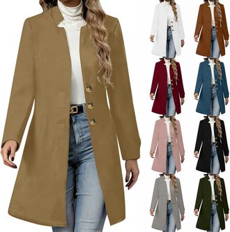 Generic Womens Elegant Wool Blend Pea Coat Notched Lapel Trench Coat Single Breasted Warm Ladies Winter Coats Loose Fit Mid Long Coat Outwear for Autumn Winte