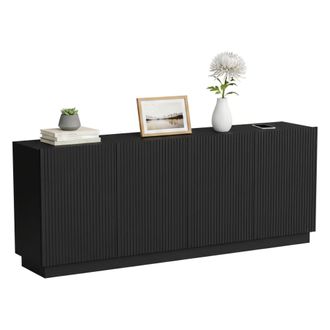 Dmora Aparador Masainas, Aparador De Sal&oacute;n Con Cuatro Puertas Batientes, Dise&ntilde;o Efecto Ca&ntilde;a, 150x40 H48 Cm, Negro