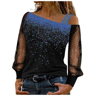 Generic Women Black Long Shirts Shiny Sequin Shirts Glitter Sexy Graphic Tees Mesh Tops Print T-Shirt Casual Cold Loose Long Sleeve Tops Fashion Off Shoulder 