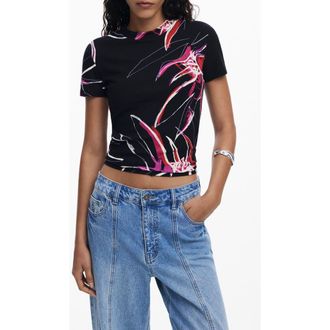 Desigual Floral Rib T-Shirt in Black at Nordstrom, Size X-Large