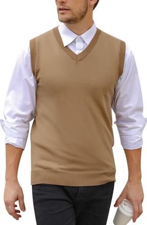 iClosam Mens Gilet Vests for Men Sleeveless Jumper Knit Vest Classic V-Neck Sleeveless Jumper Khaki XXL