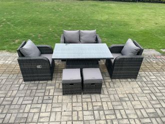 Fimous Wicker PE Rattan Furniture Garden Dining Set Outdoor Patio Height Adjustable Rising lifting Table Love Sofa With 2 Small Footstools