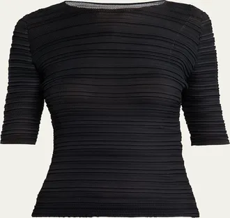 Issey Miyake Jiggly Pleated Plisse Elbow-Sleeve Top