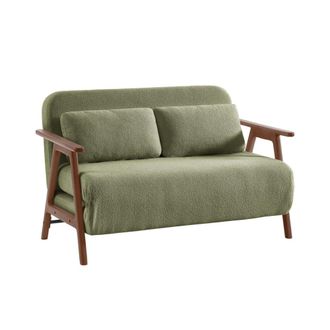 Sweeek Sof&aacute; cama en borreguito y madera te&ntilde;ido nogal, 2 plazas, verde kaki