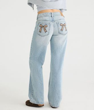 A&eacute;ropostale Low-Rise Baggy Wide Leg Leopard Bow Jean