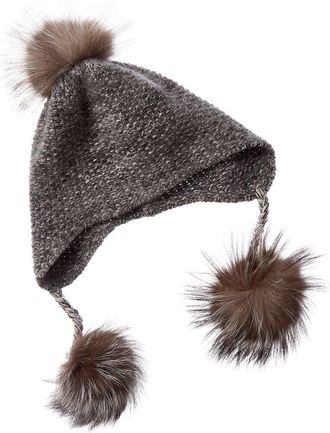 Portolano Fox Fur Poms Cashmere Earflap Hat