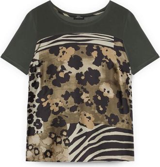 Fiorella Rubino Tops, Dames, Veelkleurig, M, Polyester, T-shirt van twee materialen met print