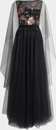 Talbot Runhof Embroidered Tulle Cape Ball Gown