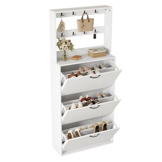 STILVORA Mueble Zapatero Con 3 Estantes Y 8 Ganchos, Almacenaje Para Bolsos Y Sombreros, Estilo Minimalista, En Tablero De Part&iacute;culas, Blanco, 70&times;25&times;165 Cm