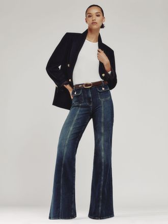 Reiss Mid Blue Button-pocket Flared Jeans, 27L