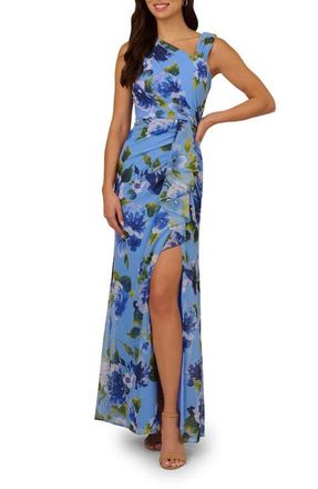 Adrianna Papell Printed Ruffle Chiffon Mermaid Gown in Blue Multi at Nordstrom, Size 18
