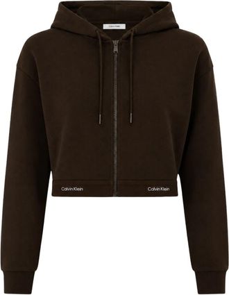 Calvin Klein Terry Logo Waist Cropped Zip Hoodie - Dames - Vesten met rits - Bruin - L - Katoen - Hoodies & sweatvesten