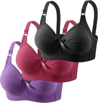 Generic 3 Piece Bras for Women Bow Elegant Solid Color Underwear Full Coverage Underwire Support Ladies Bras Adjustable Straps Plain Cozy Bralette Seamless Br