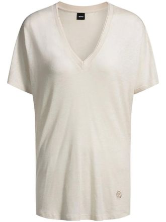BOSS logo-embroidered T-shirt - women - Viscose/Linen/Flax - S - Neutrals