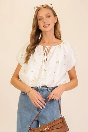 Lumiere Meadow Bloom Tie-Neck Puff Sleeve Top In White