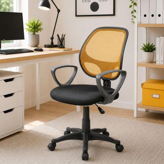Dmora Silla De Oficina Ddjidj, Silla Operativa De Malla Con Reposabrazos, Asiento De Oficina Ergon&oacute;mico, 56x57h88/100 Cm, Negro Y Naranja - Dmora