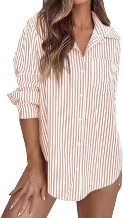 Generic Womens Oversized Striped Shirt - Button Down Long Sleeve, Boyfriend Style with Collar, Work Business Blouse, Features Practical Pocket(Pink, XXL)