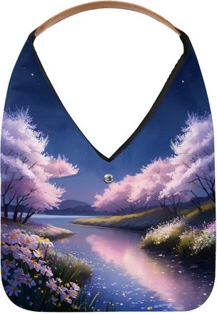 Generic Moonlight River Flowers Reusable Lightweight Grocery Bags - Foldable Into Compact Pouch, Washable & Sturdy, Multipurpose for Shopping and Travel