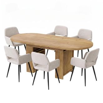 Urban Meuble Conjunto mesa de comedor extensible 200 cm y 6 sillas beige y metal