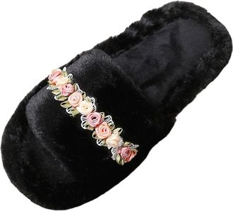 Generic Fluffy Plush Slippers Womens Open Toe Warm Winter Flower Slippers Non-Slip Casual Comfortable for Indoor Outdoor