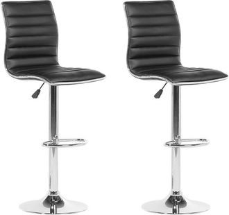 Beliani Conjunto De 2 Sillas De Bar De Piel Sint&eacute;tica Negra Con Marco Plateado Giratoria Con Altura Ajustable Lucerne
