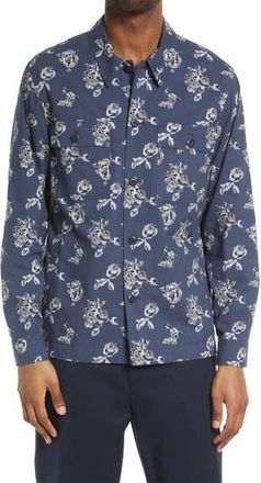 Vince Ikat Floral Print Cotton Button-Up Shirt Jacket in Hematite at Nordstrom Rack, Size X-Large