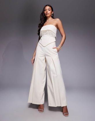 Asos Pantaloni a fondo ampio in lino color crema a pieghe in coordinato-Bianco